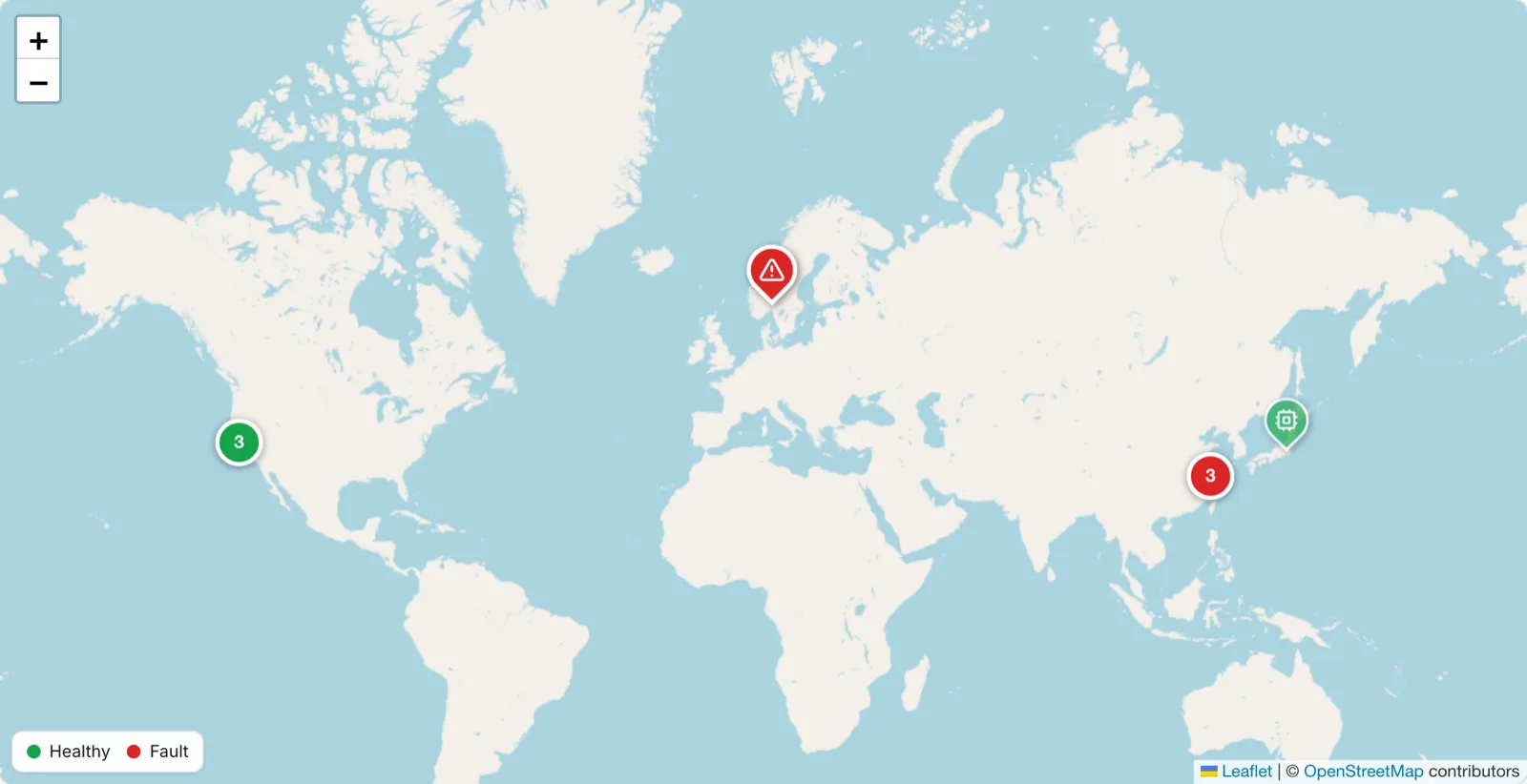 Live fleet map showing every connected machine worldwide, with healthy and fault status pins.